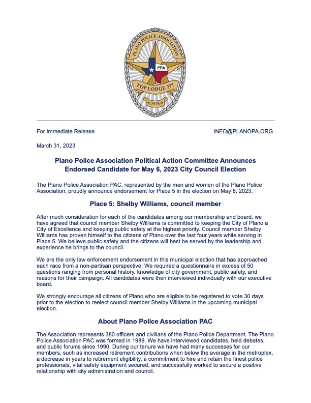 The Plano Police Association Endorses Shelby Williams