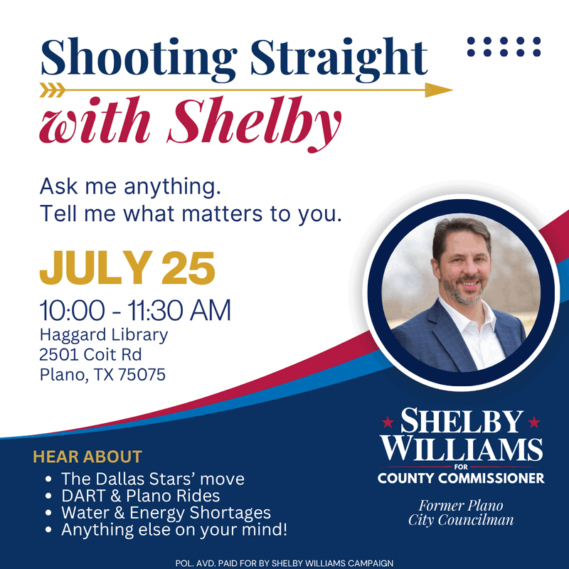 Shooting Straight with Shelby - community town hall with Shelby Williams, July 25, 10:00-11:30 AM, Haggard Library, Plano, TX