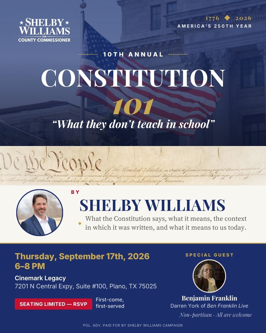 10th Annual Constitution 101 — What they don\'t teach in school. Thursday, September 17, 2026, 6 to 8 PM, Cinemark Legacy, 7201 N Central Expy, Suite 100, Plano, TX 75025. Seating limited, RSVP.