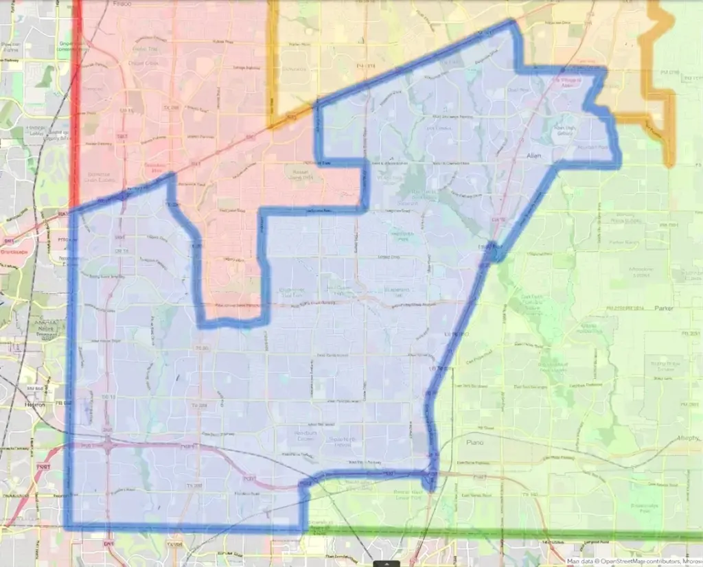 Map of Collin County Commissioner Precinct 4, boundary outlined in blue - Shelby Williams for Collin County Commissioner, Precinct 4
