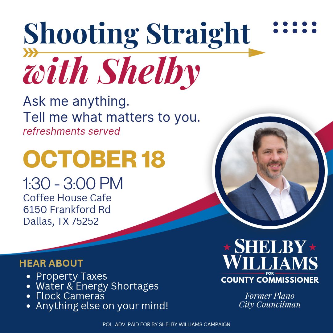 Shooting Straight with Shelby — October 18, 1:30 PM to 3:00 PM, Coffee House Cafe, 6150 Frankford Rd, Dallas, TX 75252