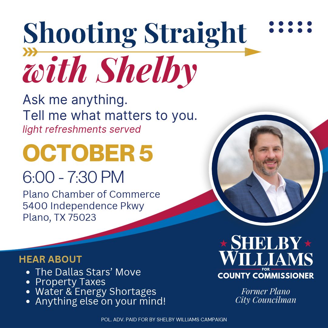 Shooting Straight with Shelby — October 5, 6:00 PM to 7:30 PM, Plano Chamber of Commerce, 5400 Independence Pkwy, Plano, TX 75023